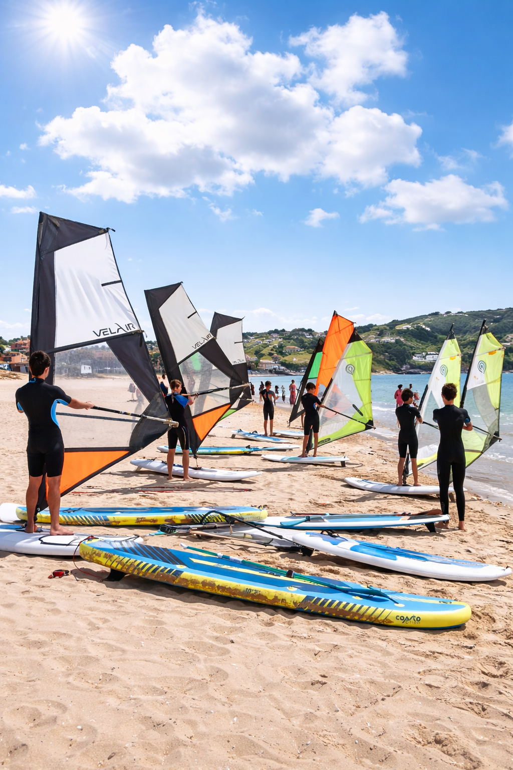 Niños en viaje de fin de curso con su centro escolar en la playa practicando windsurf